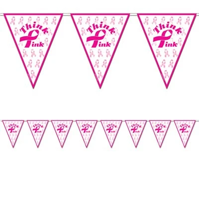 Sale Party Supplies Pink Ribbon Pennant Banner 10" X 12' (Each) 3 Sale Party Supplies Pink Ribbon Pennant Banner 10" X 12' (Each)