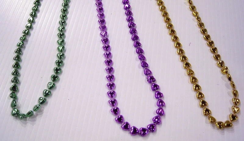 Mardi Gras Spot 48" 8mm Metallic Purple, Green And Gold Heart Beads 3 Mardi Gras Spot 48" 8mm Metallic Purple, Green And Gold Heart Beads