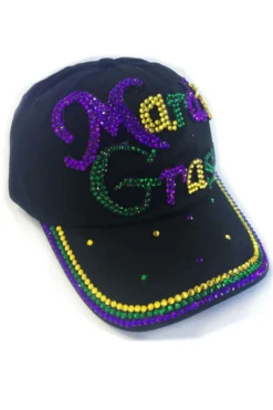 MGSPOT Black Cap With "Mardi Gras" In Purple, Green And Gold Rhinestones (Each) Gifts & Apparel