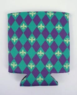 Plush Appeal, LLC Purple Green And Yellow Harlequin Coozie With Fleur De Lis With Header Card (Each) Coozies