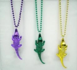 SBDOZEN 33" 7.5mm Necklace With Blow Mold Alligator - Purple, Green And Gold (Dozen)