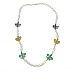 SBDOZEN Beads 40" Purple, Green And Gold Glitter Fleur De Lis Pearl Necklace (Dozen)
