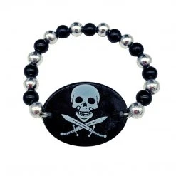 SBDOZEN 7" Black And Silver Bead With Skull And Crossbones Medallion Stretch Bracelet (Dozen)