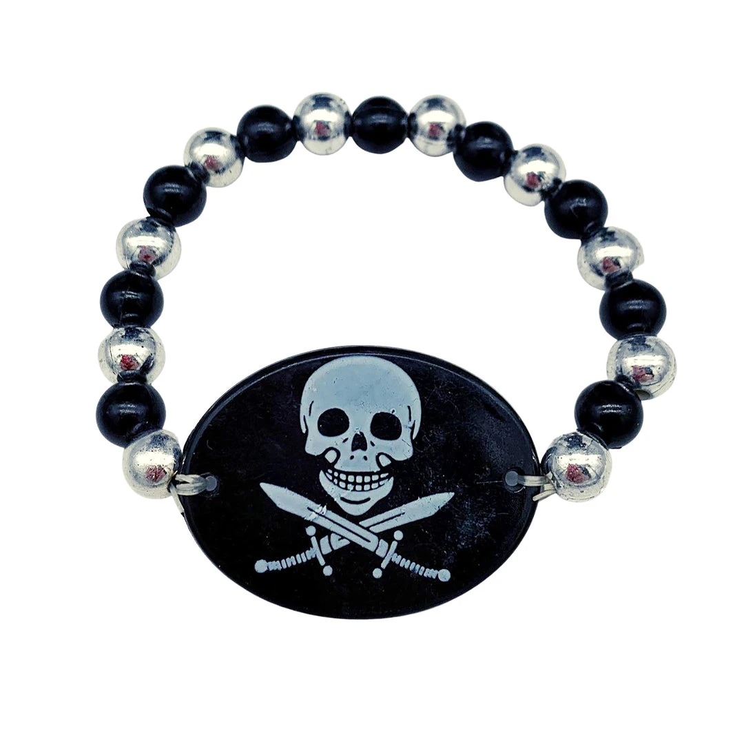 SBDOZEN 7" Black And Silver Bead With Skull And Crossbones Medallion Stretch Bracelet (Dozen) 3 SBDOZEN 7" Black And Silver Bead With Skull And Crossbones Medallion Stretch Bracelet (Dozen)