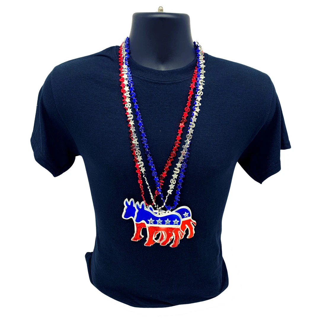 SBDOZEN 33" USA Bead Necklace - Red, Blue And Silver With Democratic Medallion (Dozen) SBDOZEN 33" USA Bead Necklace - Red, Blue And Silver With Democratic Medallion (Dozen)