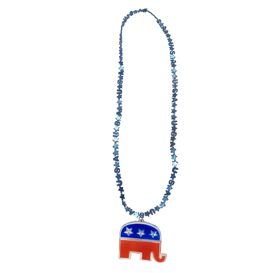 SBDOZEN Beads 33" USA Bead Necklace - Red, Blue And Silver With Republican Medallion (Dozen) 4 SBDOZEN Beads 33" USA Bead Necklace - Red, Blue And Silver With Republican Medallion (Dozen)