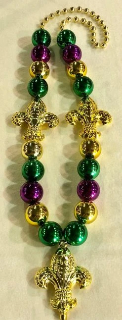SB40375 Purple, Green And Gold Big Ball Beads With Fleur De Lis Necklace (Each)