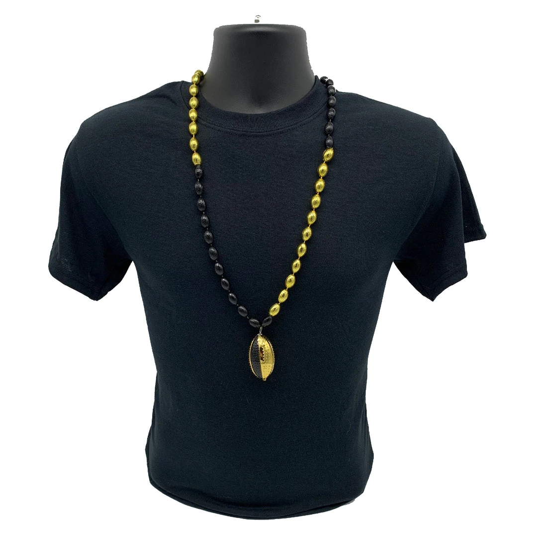 SB6041 Beads 33" Black And Gold Sectioned Football Necklace With Football Pendant (Each) 4 SB6041 Beads 33" Black And Gold Sectioned Football Necklace With Football Pendant (Each)