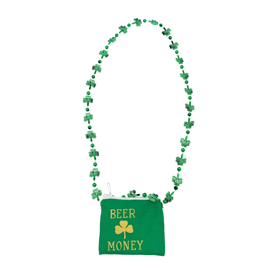 SB12750 33" Shamrock Bead Necklace With Beer Money Pouch (Each) Beads 4 SB12750 33" Shamrock Bead Necklace With Beer Money Pouch (Each) Beads