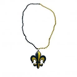SB6625 Beads 33" 7mm Black And Gold Necklace With Fleur De Lis Badge (Each)