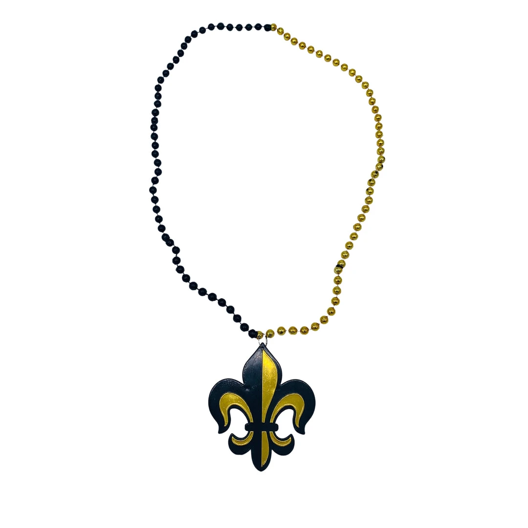 SB6625 Beads 33" 7mm Black And Gold Necklace With Fleur De Lis Badge (Each) SB6625 Beads 33" 7mm Black And Gold Necklace With Fleur De Lis Badge (Each)