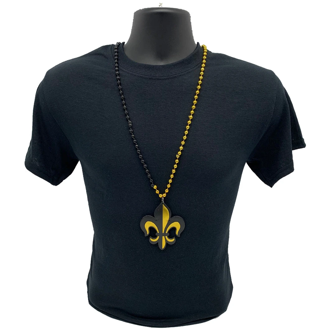 SB6625 Beads 33" 7mm Black And Gold Necklace With Fleur De Lis Badge (Each) SB6625 Beads 33" 7mm Black And Gold Necklace With Fleur De Lis Badge (Each)