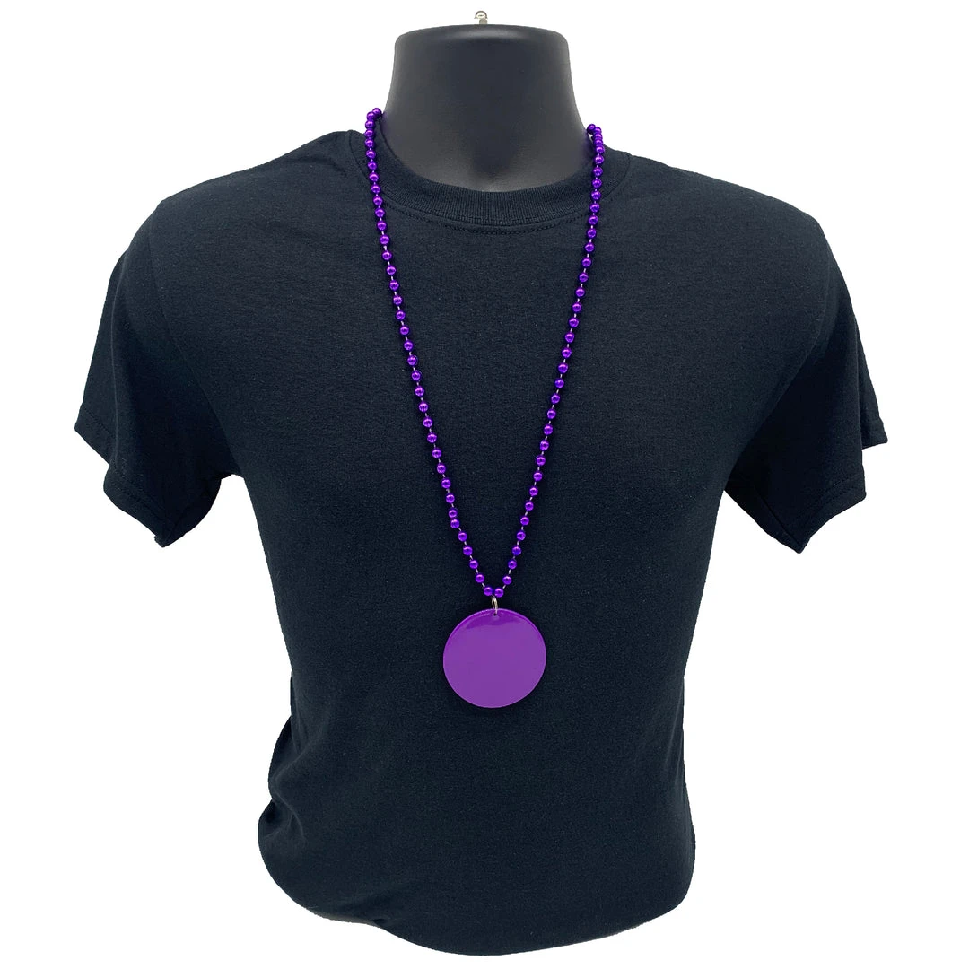 SB3125 Beads 33" 7mm Metallic Purple Bead Necklace With 2.5" Purple Disc (Each) 5 SB3125 Beads 33" 7mm Metallic Purple Bead Necklace With 2.5" Purple Disc (Each)