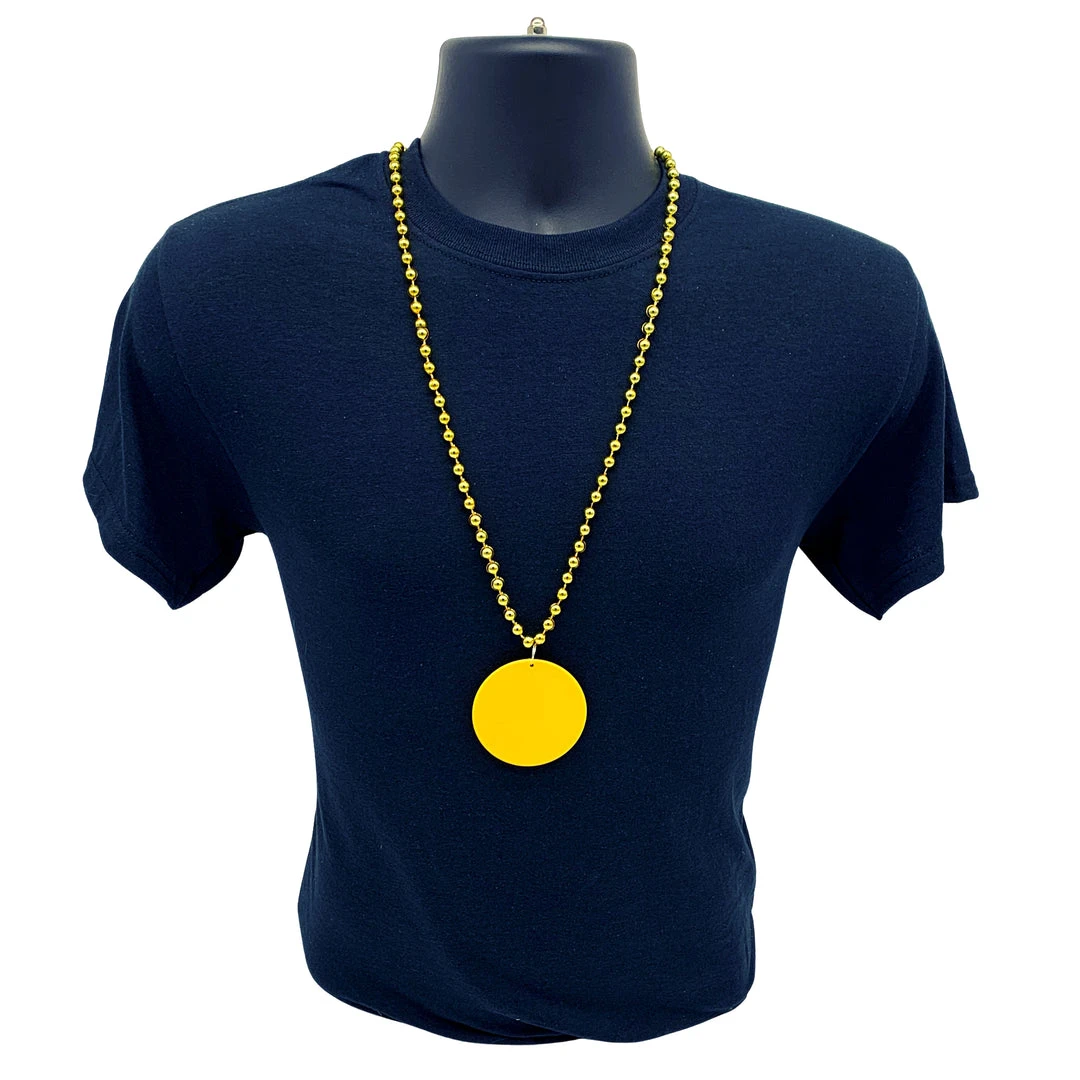 SB3125 33" 7mm Metallic Gold Bead Necklace With 2.5" Yellow Disc (Each) Beads SB3125 33" 7mm Metallic Gold Bead Necklace With 2.5" Yellow Disc (Each) Beads