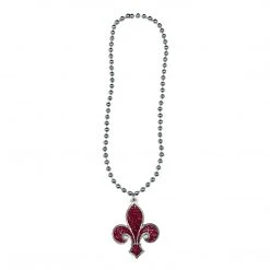 SB14583 33" 10mm Silver Bead With Hot Pink Fleur De Lis Necklace (Each)