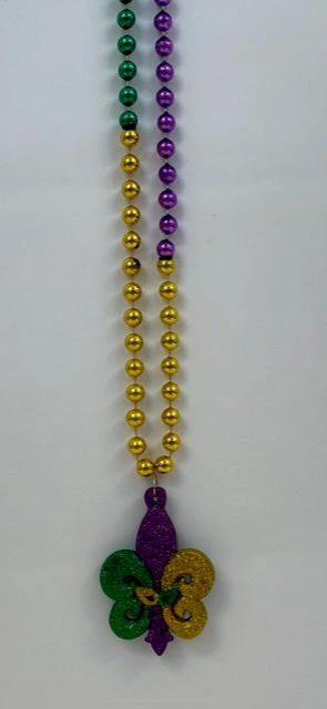 Mardi Gras Spot 36" 10mm Purple, Green And Gold Glitter Fleur De Lis With Mask Necklace (Each) 3 Mardi Gras Spot 36" 10mm Purple, Green And Gold Glitter Fleur De Lis With Mask Necklace (Each)