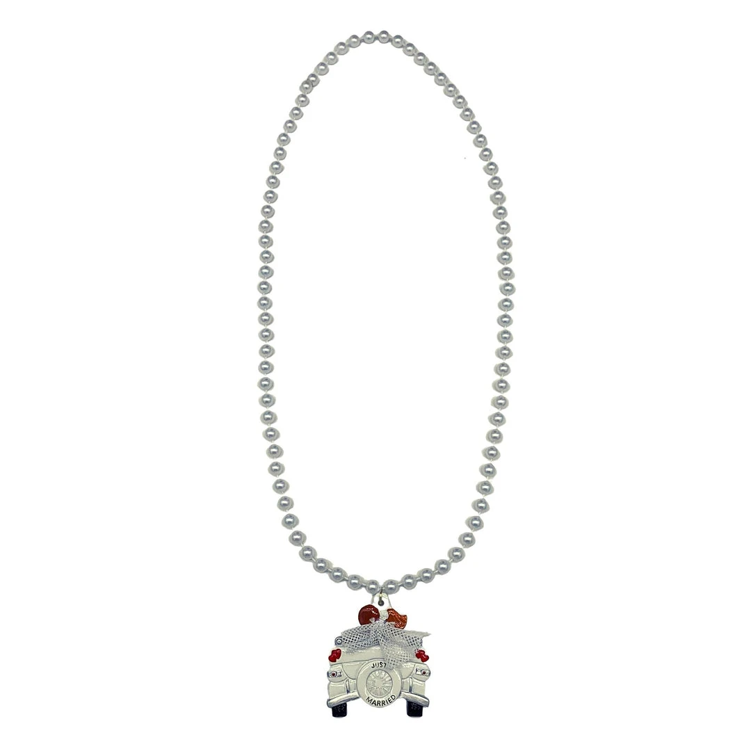 SB19125 42" 10mm Pearl White Necklace With Just Married Car Medallion (Each) 4 SB19125 42" 10mm Pearl White Necklace With Just Married Car Medallion (Each)