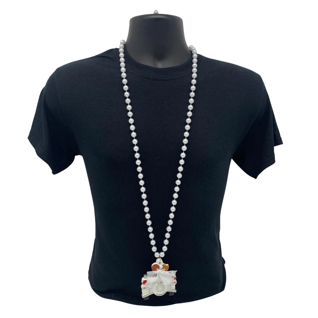SB19125 42" 10mm Pearl White Necklace With Just Married Car Medallion (Each) 5 SB19125 42" 10mm Pearl White Necklace With Just Married Car Medallion (Each)