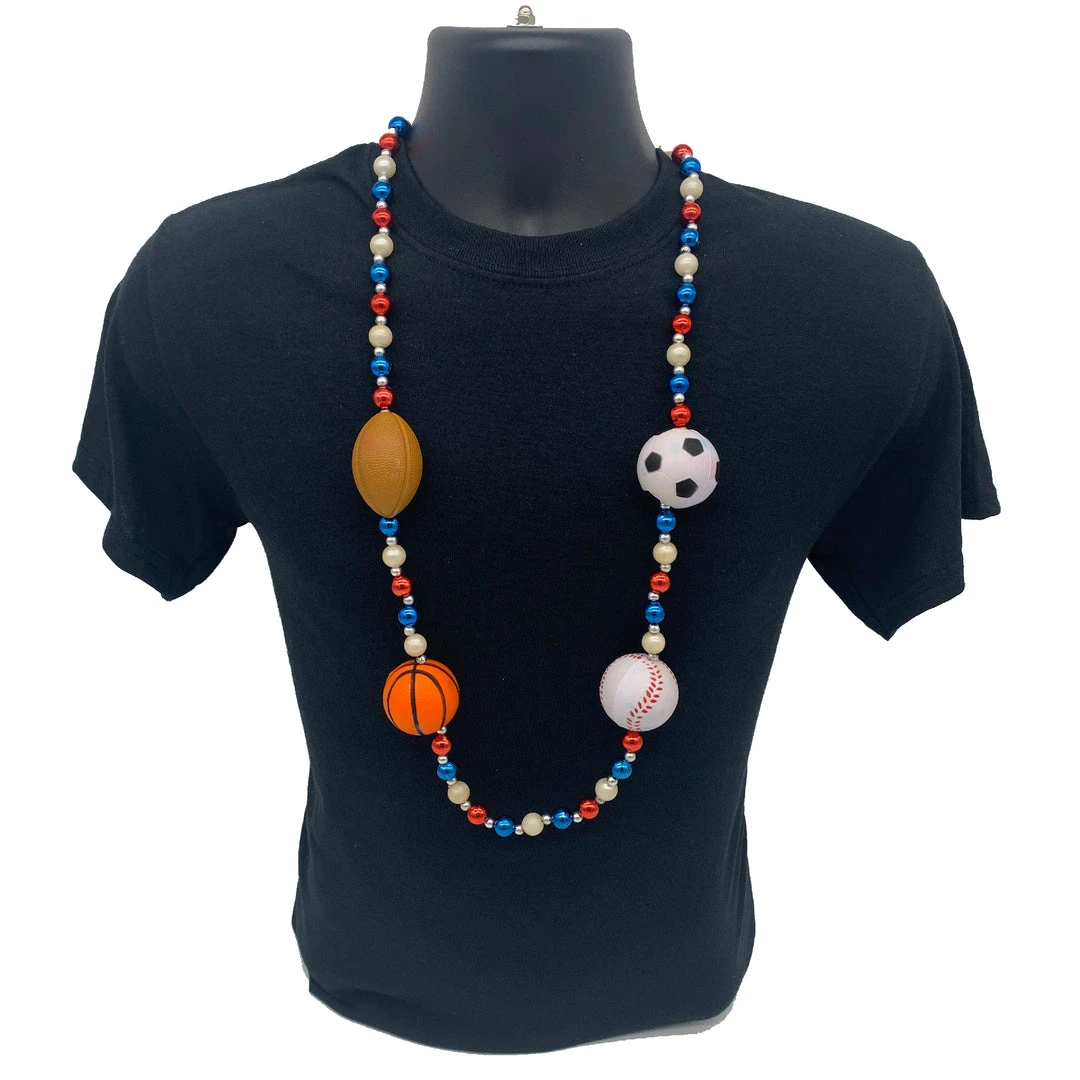 SB26550 42" 10mm Four Sportsball Handstrung With Red, White And Blue Alternating Beads, 7mm Gold Spacers (Each) SB26550 42" 10mm Four Sportsball Handstrung With Red, White And Blue Alternating Beads, 7mm Gold Spacers (Each)