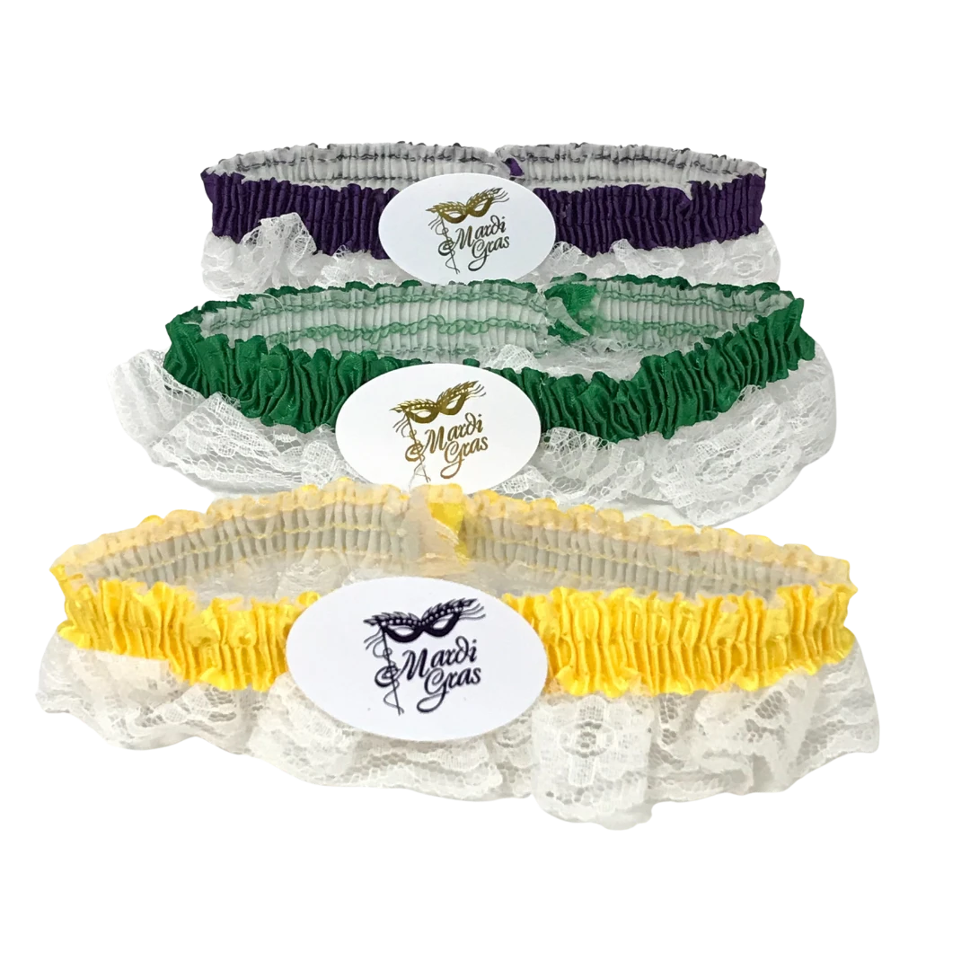 Mardi Gras Spot Assorted Purple, Green And Gold Garters With White Lace (Dozen) 3 Mardi Gras Spot Assorted Purple, Green And Gold Garters With White Lace (Dozen)