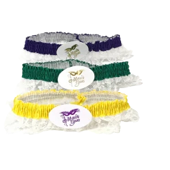 Mardi Gras Spot Assorted Purple, Green And Gold Garters With White Lace (Dozen) 7 Mardi Gras Spot Assorted Purple, Green And Gold Garters With White Lace (Dozen)