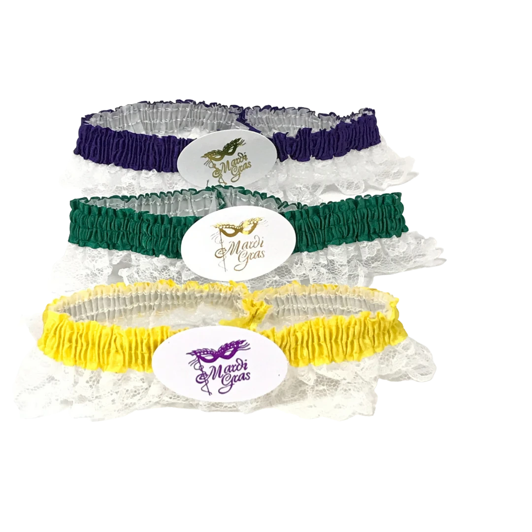 Mardi Gras Spot Assorted Purple, Green And Gold Garters With White Lace (Dozen) 5 Mardi Gras Spot Assorted Purple, Green And Gold Garters With White Lace (Dozen)