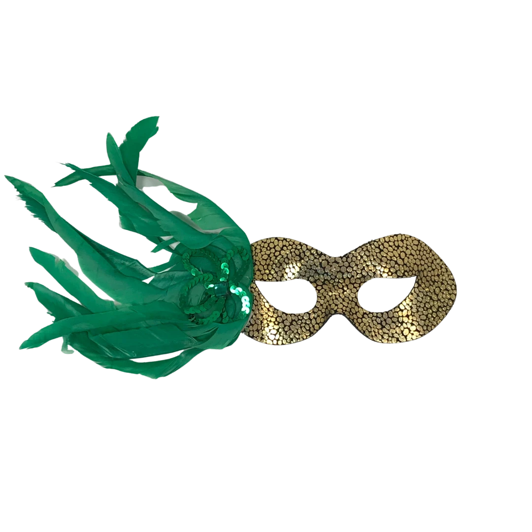 Plush Appeal, LLC Party Supplies Gold Spotted Mask With Green Feathers And Flower With Ribbon Tie (Each) 3 Plush Appeal, LLC Party Supplies Gold Spotted Mask With Green Feathers And Flower With Ribbon Tie (Each)