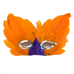 Mardi Gras Spot Party Supplies Orange And Purple Feather Mask With Silver Sequins Around The Eyes (Each)