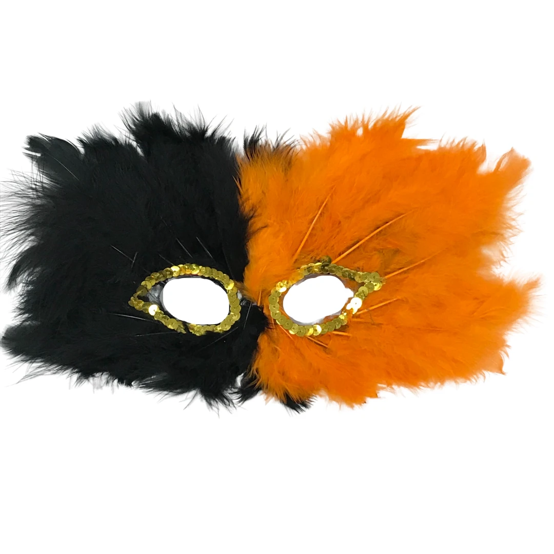 Sale Black And Orange Feather Mask With Gold Sequins Around Eyes (Each) Party Supplies 3 Sale Black And Orange Feather Mask With Gold Sequins Around Eyes (Each) Party Supplies