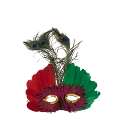 Mardi Gras Spot Hot Pink And Green Feather Mask With Peacock Feathers And Gold Trim With Elastic Band (Each)