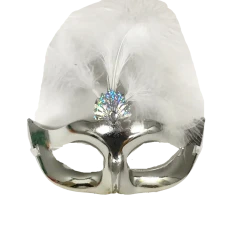 Plush Appeal, LLC Metallic Silver Mask With White Plumes On Top With Ribbon Tie (Each) Party Supplies