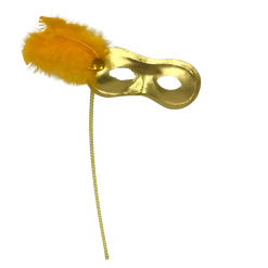Sale Metallic Gold Mask With Gold Feathers On Side With Gold Handle (Each) Party Supplies