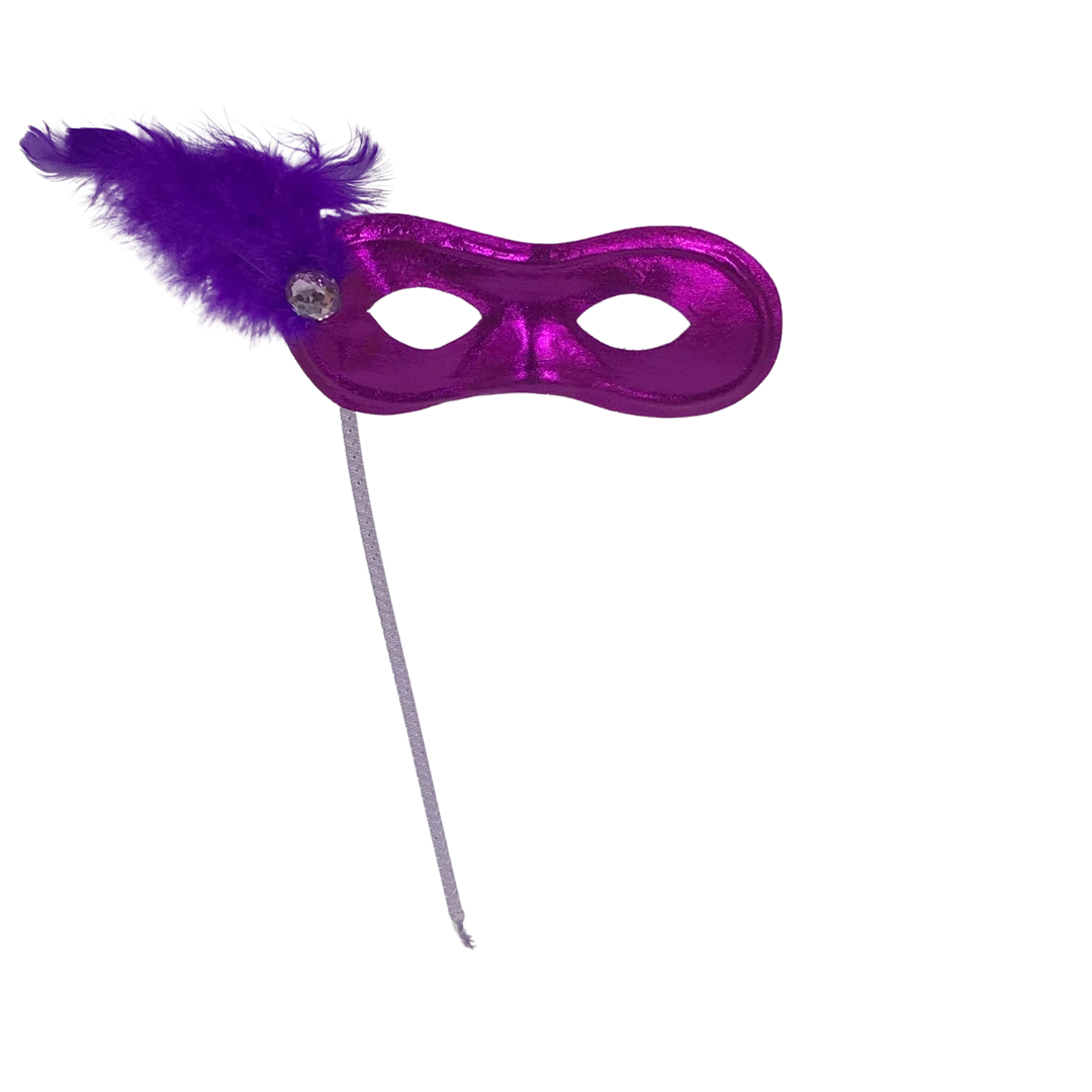 Sale Metallic Purple Mask With Purple Feathers On Side With Purple Handle (Each) 3 Sale Metallic Purple Mask With Purple Feathers On Side With Purple Handle (Each)