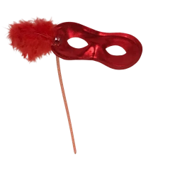 Sale Metallic Red Mask With Red Feathers On Side With Red Handle (Each) Party Supplies