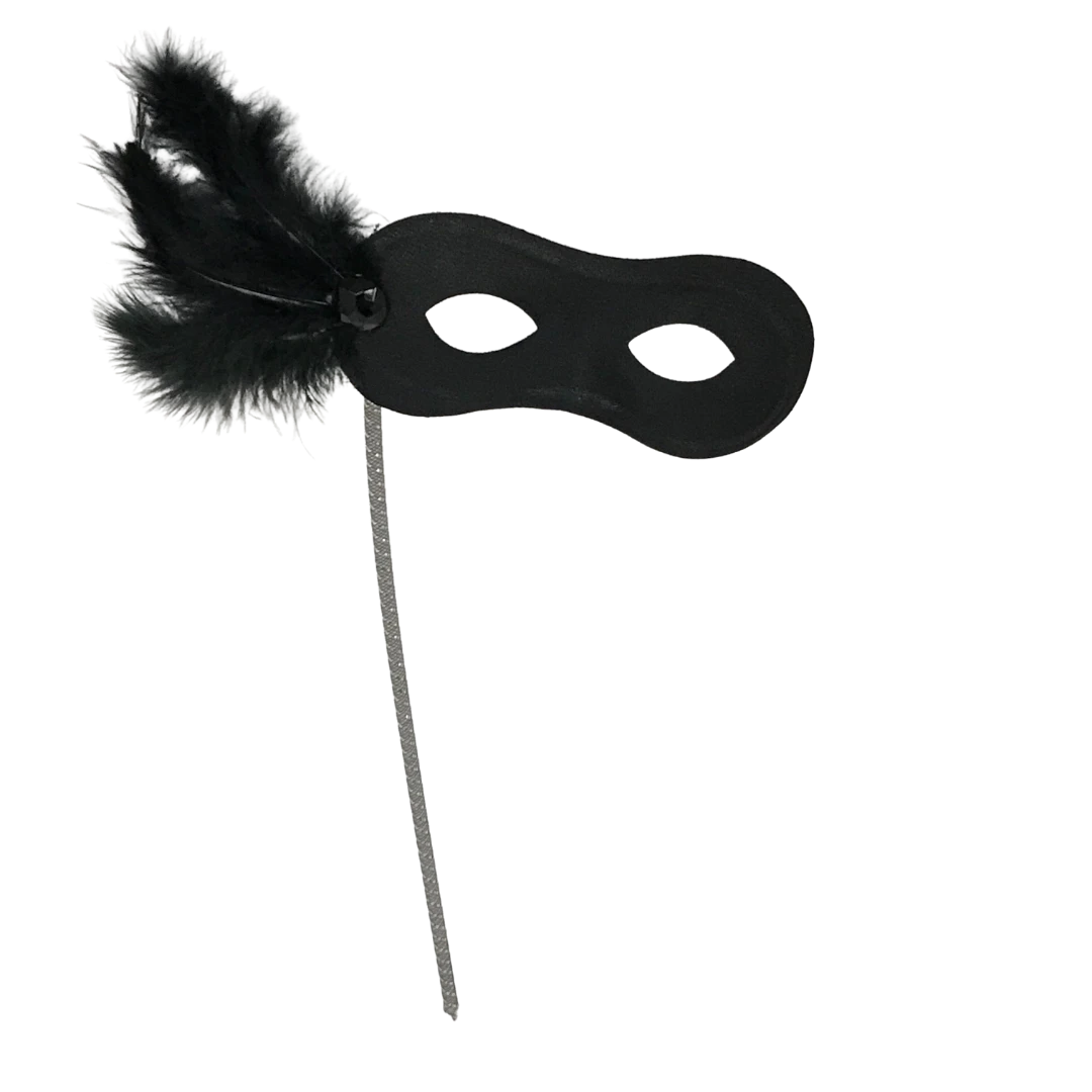 Sale Black Mask With Black Feathers On Side With Black Handle (Each) 3 Sale Black Mask With Black Feathers On Side With Black Handle (Each)