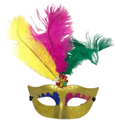Plush Appeal, LLC Party Supplies Gold Metallic Mask With Purple, Green And Gold Feathers And Ribbon Tie (Each)