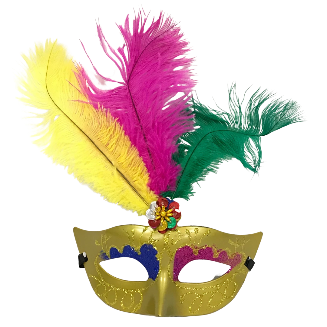 Plush Appeal, LLC Party Supplies Gold Metallic Mask With Purple, Green And Gold Feathers And Ribbon Tie (Each) 3 Plush Appeal, LLC Party Supplies Gold Metallic Mask With Purple, Green And Gold Feathers And Ribbon Tie (Each)