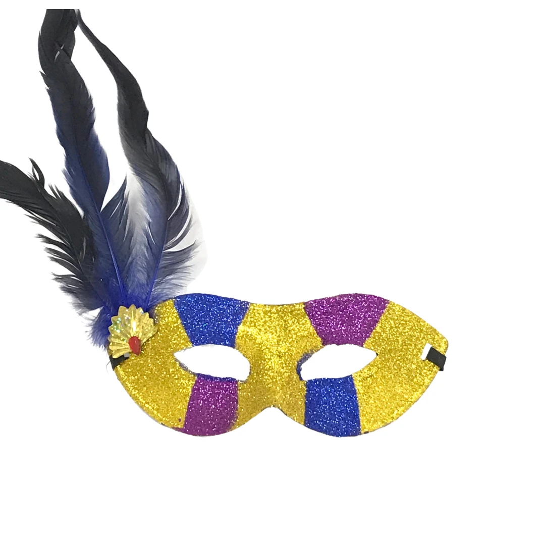 Mardi Gras Spot Gold, Pink And Blue Glittered Mask With Feathers And Ribbon Tie (Each) Party Supplies 3 Mardi Gras Spot Gold, Pink And Blue Glittered Mask With Feathers And Ribbon Tie (Each) Party Supplies