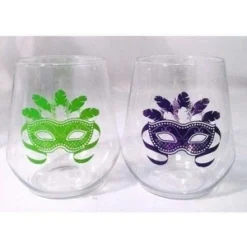 Plush Appeal Tableware Mardi Gras Mask Stemless Wine Glasses 12oz (Pack Of 6)