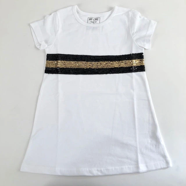 Sale White Short Sleeve A-Line Dress With Black And Gold Glittered Stripes (Each) 5 Sale White Short Sleeve A-Line Dress With Black And Gold Glittered Stripes (Each)