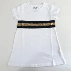 Sale White Short Sleeve A-Line Dress With Black And Gold Glittered Stripes (Each)