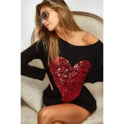 - No Manufacturer - French Terry Wide Neck Top With Big Sequin Heart Patch (Each)