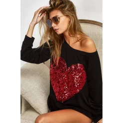 - No Manufacturer - French Terry Wide Neck Top With Big Sequin Heart Patch (Each) 4 - No Manufacturer - French Terry Wide Neck Top With Big Sequin Heart Patch (Each)