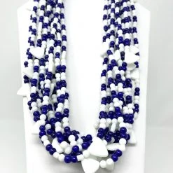 Mardi Gras Spot 27" Blue And White With White Triangles Glass Bead Necklace (Dozen)