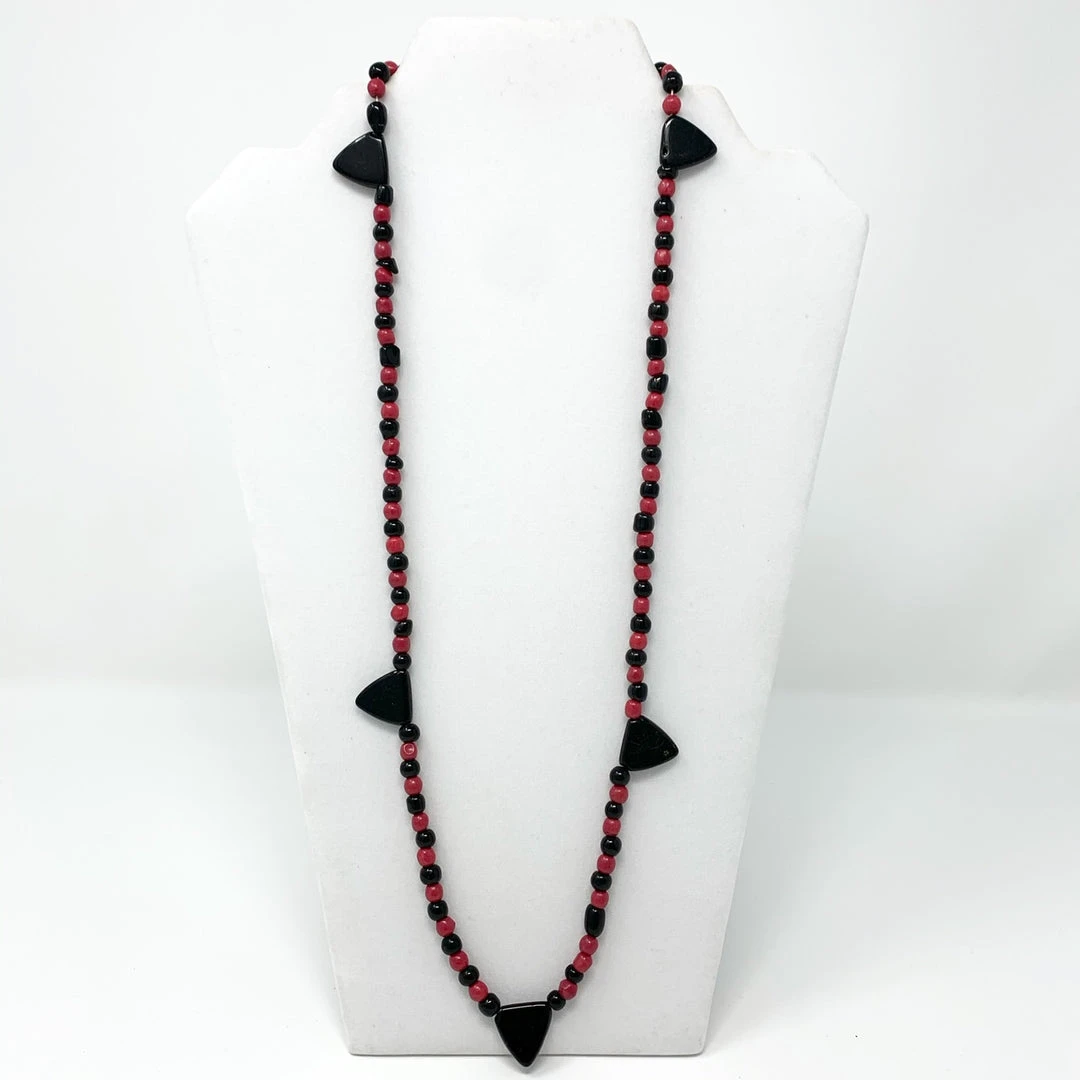 Mardi Gras Spot 27" Bright Hot Pink And Black With Black Triangles Glass Bead Necklace (Dozen) 6 Mardi Gras Spot 27" Bright Hot Pink And Black With Black Triangles Glass Bead Necklace (Dozen)