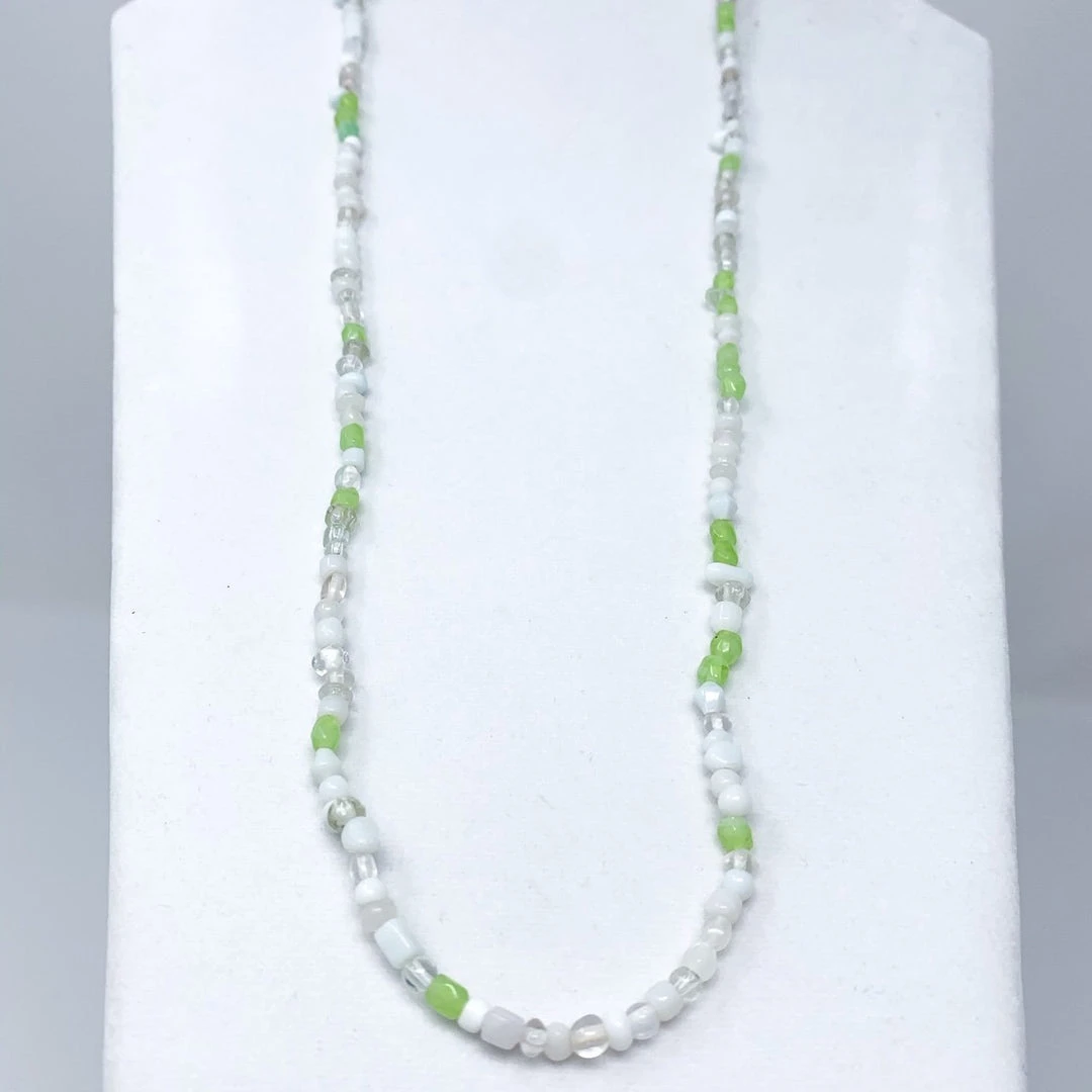 Mardi Gras Spot 27" Necklace Silver, Green And White Glass Bead Necklace (Dozen) 6 Mardi Gras Spot 27" Necklace Silver, Green And White Glass Bead Necklace (Dozen)