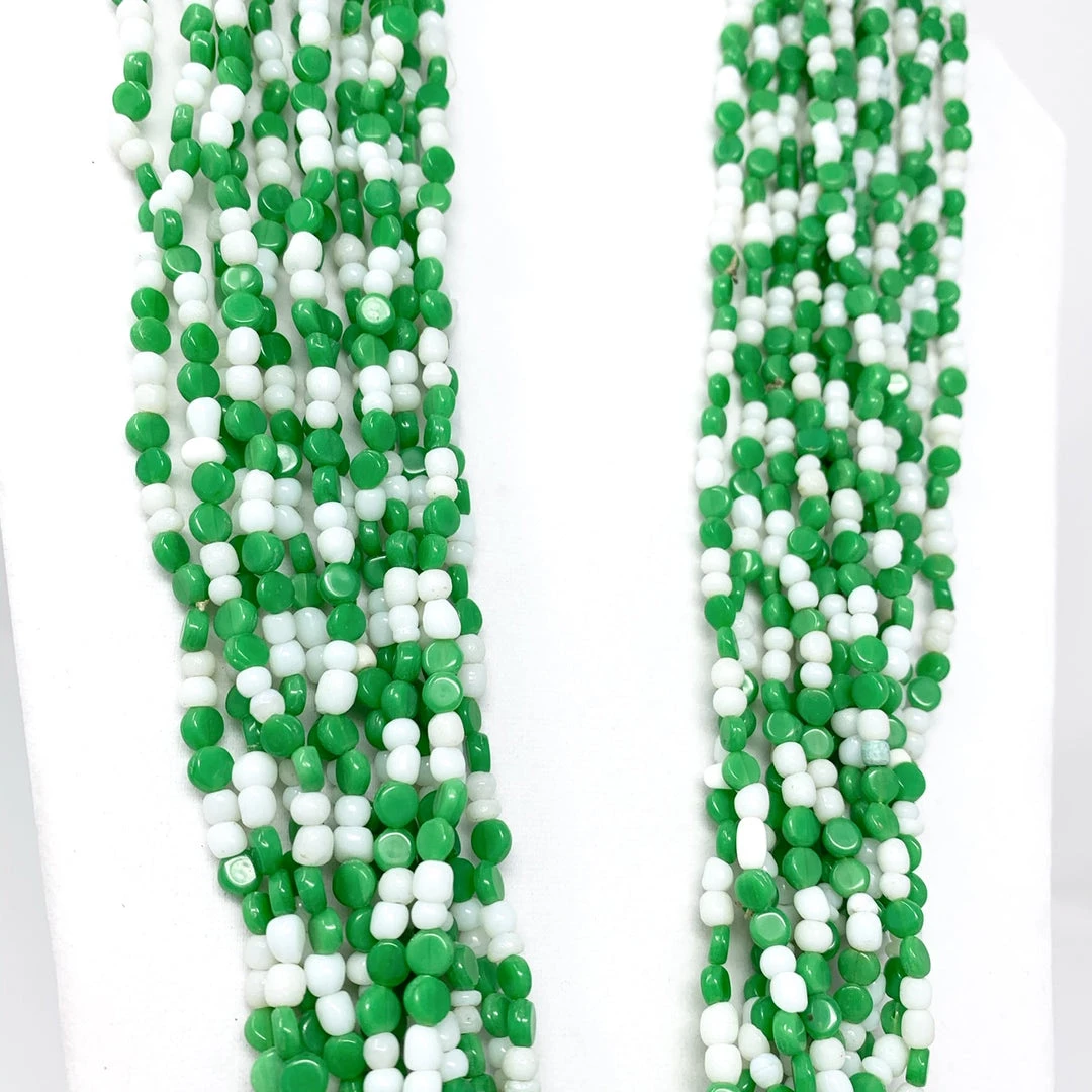 Mardi Gras Spot Beads 27" White And Green Glass Bead Necklace (Dozen) 5 Mardi Gras Spot Beads 27" White And Green Glass Bead Necklace (Dozen)