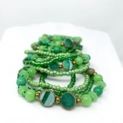 Mardi Gras Spot 7" Glass Bead Bracelets - Green Multi-Stone (Dozen) Beads