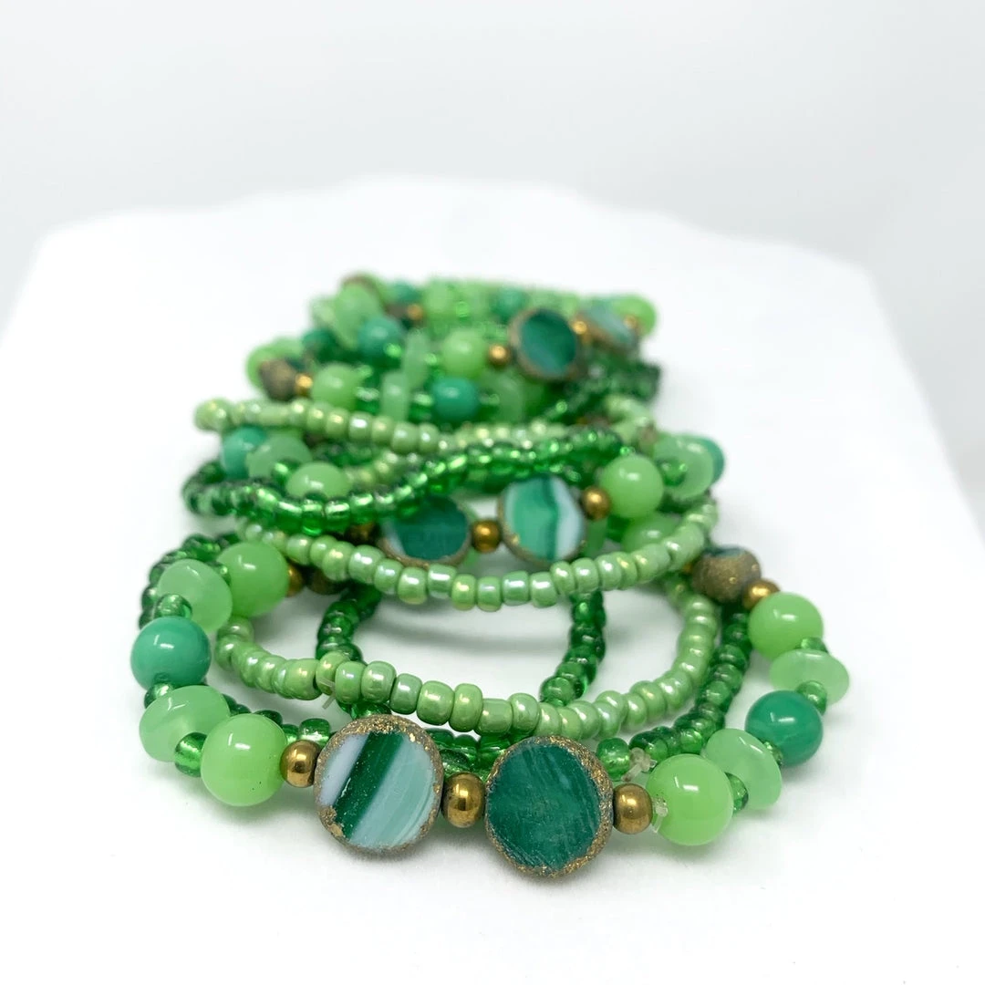 Mardi Gras Spot 7" Glass Bead Bracelets - Green Multi-Stone (Dozen) Beads 4 Mardi Gras Spot 7" Glass Bead Bracelets - Green Multi-Stone (Dozen) Beads