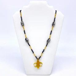 Mardi Gras Spot 26" Fleur De Lis Glass Pendant Necklace With Glass Black And Gold Beads (Each)